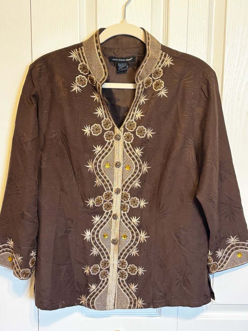 Saint Tropez West Brown Silk Embroidered Floral Jacket Size L